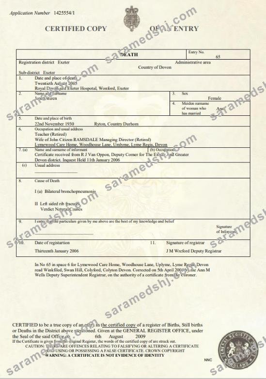 United Kingdom death certificate template in Word and PDF format